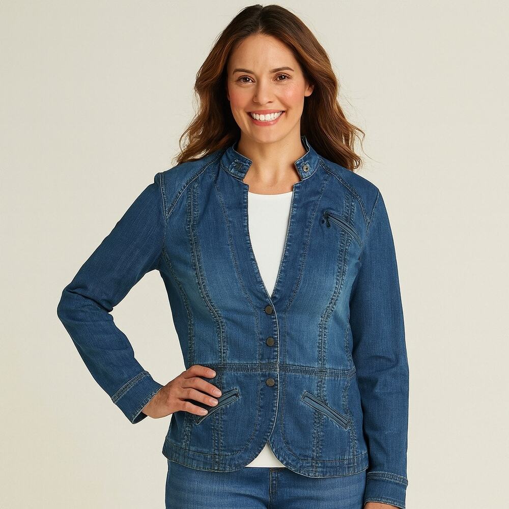Coldwater Creek Blue Jean Denim Jacket Snaps Boho Stretch Blazer Size 10